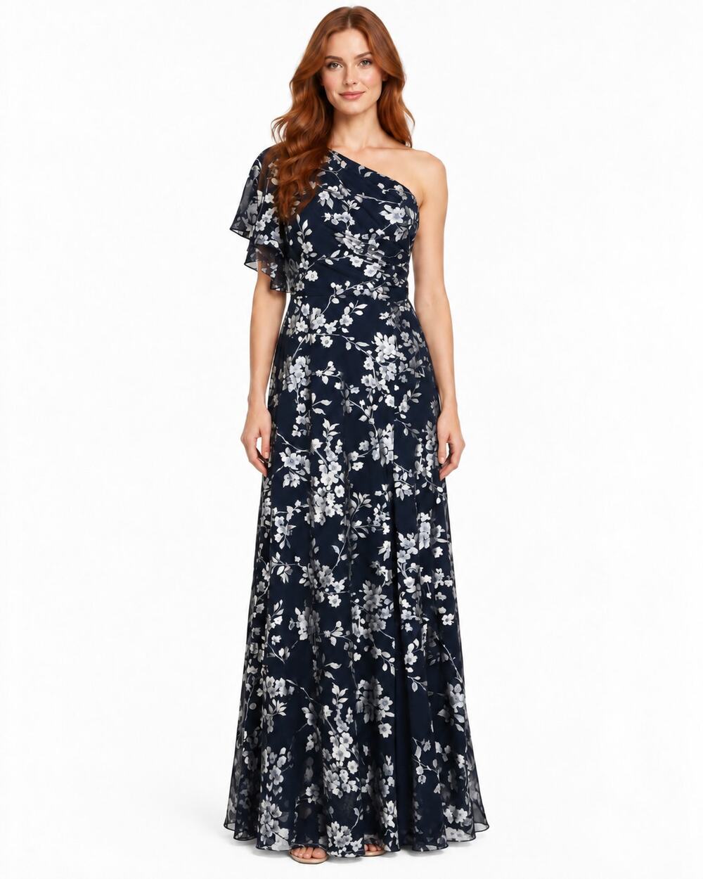 RALPH LAUREN Maxi Dress 6 Navy Silver Floral One Shoulder Formal Gown Flowy